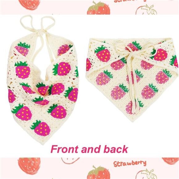 3 Crochet Strawberry Pattern Headscarves – Handmade Summer Bandanas for Women - Picture 4 of 6